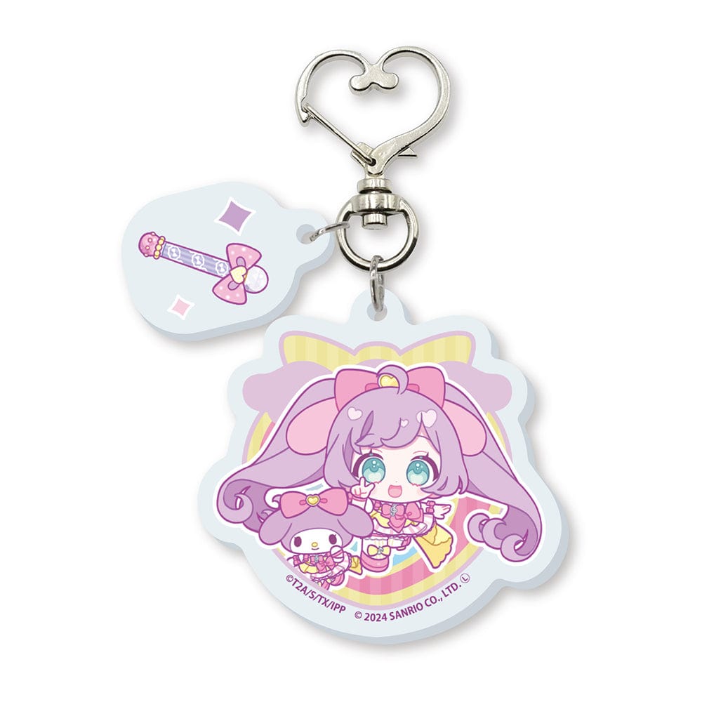 Acrylic Key Chain with Heart Swivel Snap Hook featuring Manaka Laala and My Melody from PriPara 10th Anniversary x Sanrio Characters collaboration with mini character illustration.