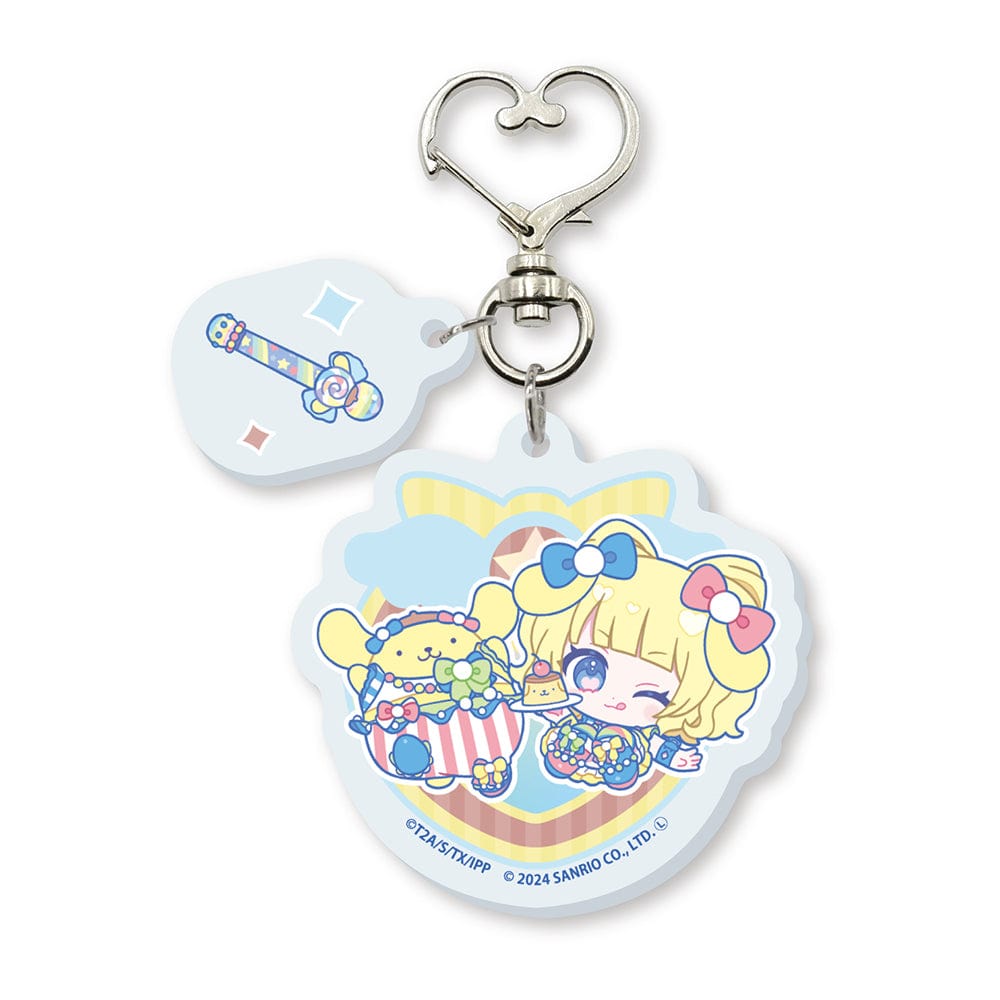 Acrylic Key Chain with Heart Swivel Snap Hook featuring Minami Mirei and Pom Pom Purin from PriPara 10th Anniversary x Sanrio Characters collaboration with mini character illustration.