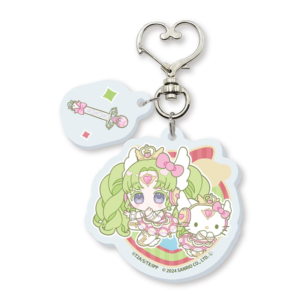 Acrylic Key Chain with Heart Swivel Snap Hook featuring Falulu and Hello Kitty from the PriPara 10th Anniversary x Sanrio Characters collaboration with mini character illustration.