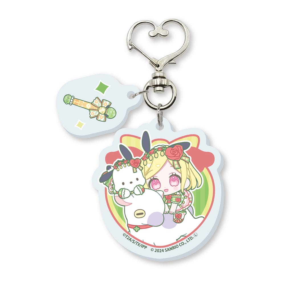 Acrylic Key Chain with Heart Swivel Snap Hook featuring Midorikaze Fuwari and Pochacco from the PriPara 10th Anniversary x Sanrio Characters collaboration with mini character illustration.