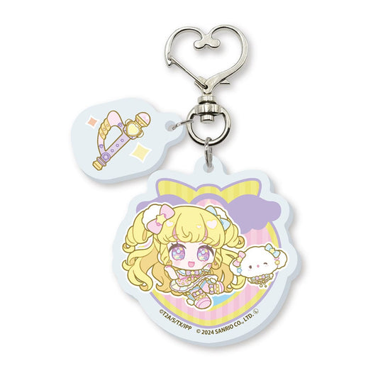 PriPara 10th Anniversary x Sanrio Characters Acrylic Key Chain featuring Yumekawa Yui and Cogimyun with a heart-shaped swivel snap hook and mini accessory charm.