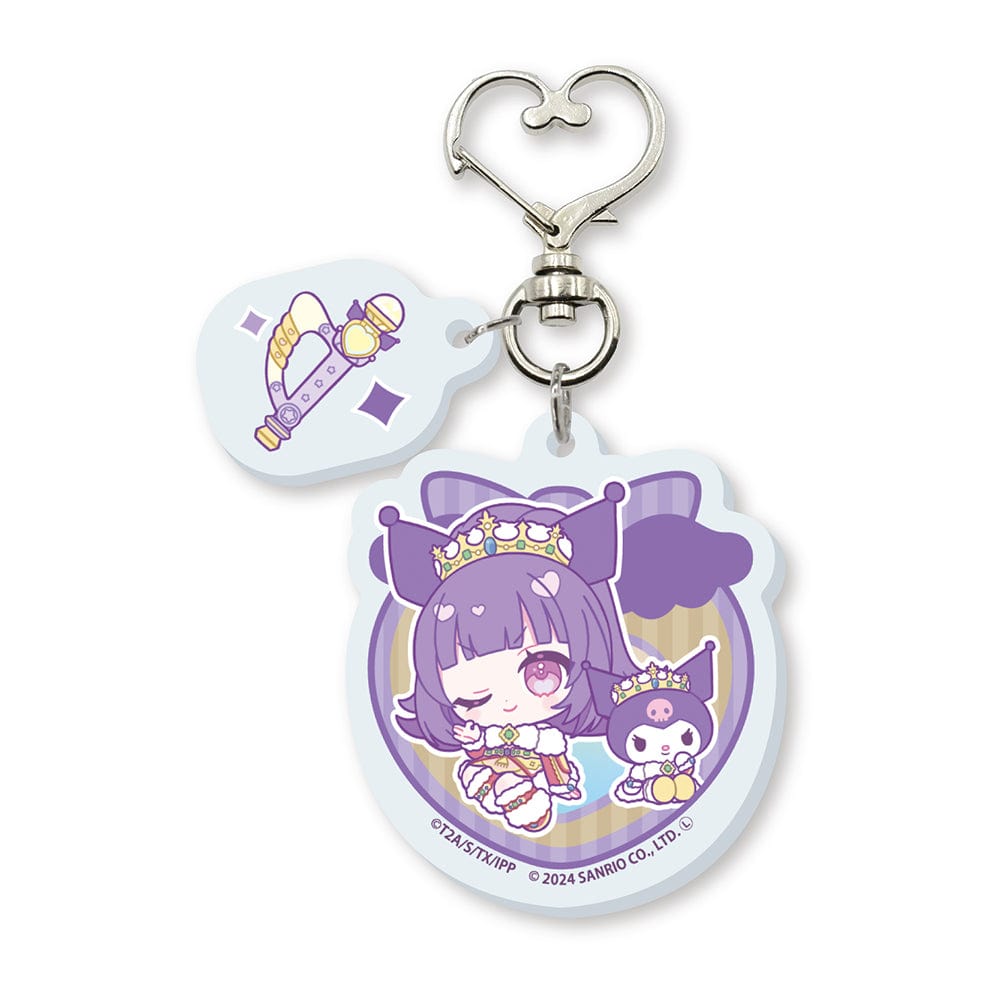 PriPara 10th Anniversary x Sanrio Characters Acrylic Key Chain featuring Hanazono Shuka and Kuromi with a heart-shaped swivel snap hook and mini charm.