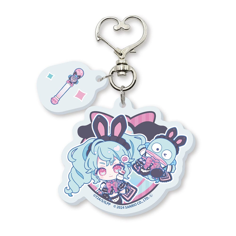 PriPara 10th Anniversary x Sanrio Characters Acrylic Key Chain featuring Katasumi Amari and Hangyodon with a heart-shaped swivel snap hook.