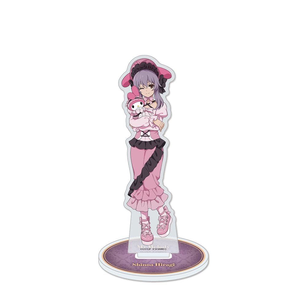 Seraph of the End x Sanrio Characters Acrylic Stand featuring Hiiragi Shinoa holding My Melody in a pink gothic dress, life-size illustration.