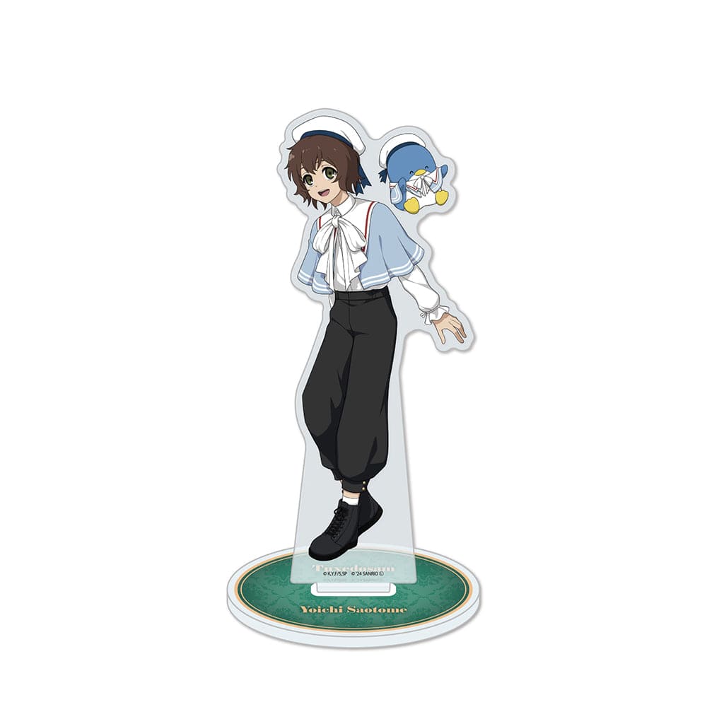 Acrylic Stand featuring Saotome Yoichi from Seraph of the End alongside Sanrio's Tuxedosam, both wearing matching pastel blue outfits with a green circular base.