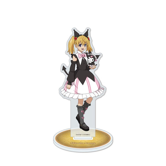 Seraph of the End x Sanrio Characters Acrylic Stand featuring Sangu Mitsuba in a black-and-pink gothic dress, holding Kuromi with a matching color theme.