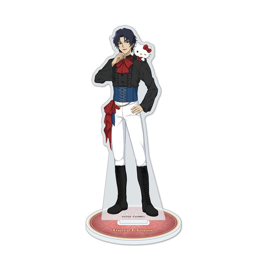 Seraph of the End x Sanrio Characters Acrylic Stand featuring Ichinose Guren in a dark outfit with red and blue accents, alongside Hello Kitty sitting on his shoulder