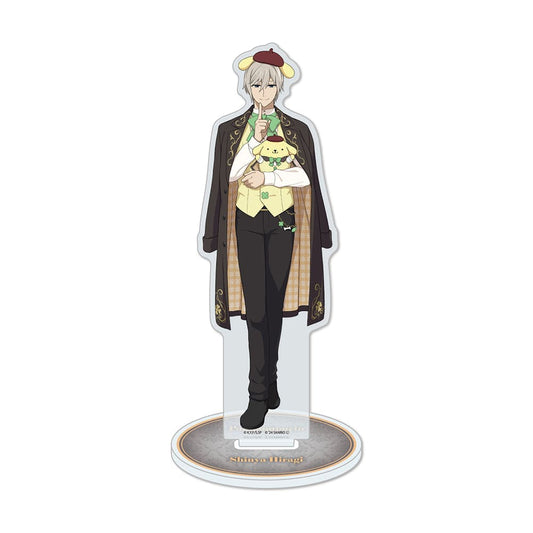 Seraph of the End x Sanrio Characters Acrylic Stand featuring Hiiragi Shinya holding Pom Pom Purin with matching yellow and green accents on a decorative base.