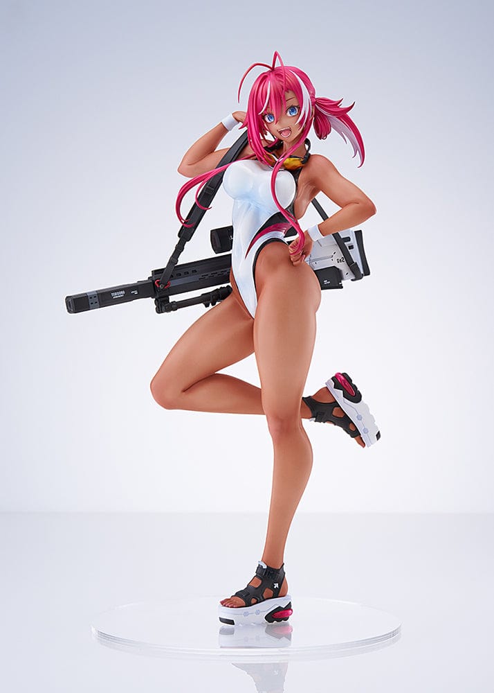 Arms Note Swim Team Anego-chan figure in a white swimsuit, pink hair, holding a large weapon on her back, standing on one leg with stylish platform sandals.