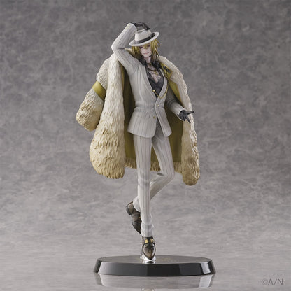  Nijisanji Luca Kaneshiro 1/7 Scale Figure, featuring the character in a stylish pose with a pinstriped suit, luxurious fur-lined coat, and hat, standing on a base with the Nijisanji emblem.