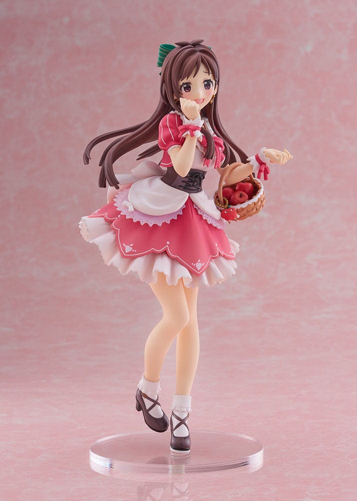The Idolmaster Cinderella Girls' Akari Tsujino standing figure at 1/7 scale, dressed in a frilly pink and white dress, holding a basket of apples, with a joyful expression, poised on a clear base.