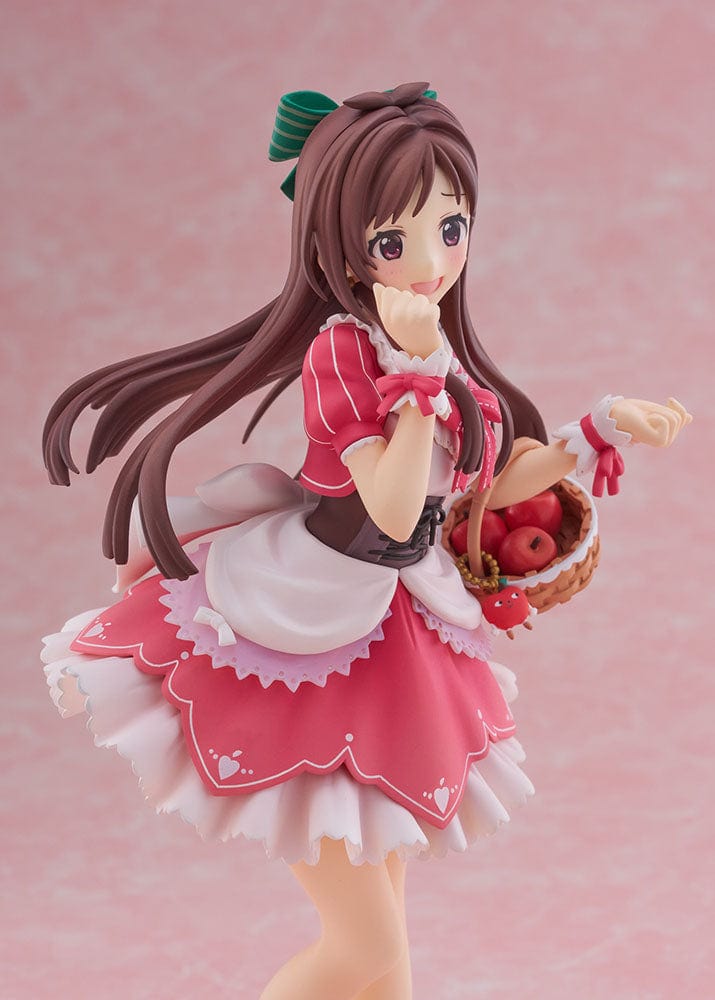 The Idolmaster Cinderella Girls' Akari Tsujino standing figure at 1/7 scale, dressed in a frilly pink and white dress, holding a basket of apples, with a joyful expression, poised on a clear base.