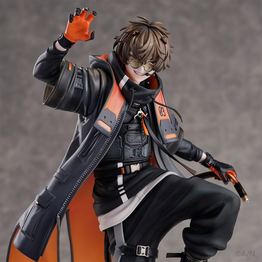 Nijisanji Alban Knox 1/7 Scale Figure, featuring the character in a dynamic action pose with a detailed outfit, standing on a base with the Nijisanji emblem.