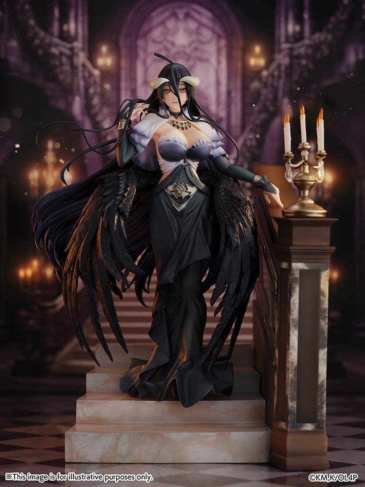 Overlord Albedo (Jet Black Dress Ver.) 1/7 Scale Figure with black dress, wings, and candelabrum on a staircase base.