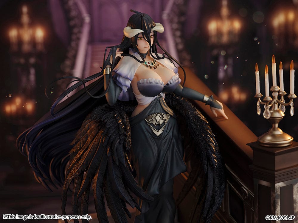 Overlord Albedo (Jet Black Dress Ver.) 1/7 Scale Figure with black dress, wings, and candelabrum on a staircase base.