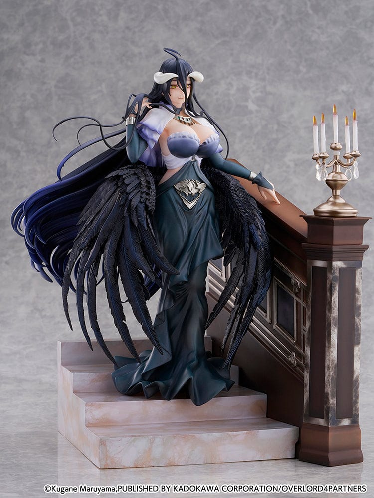 Overlord Albedo (Jet Black Dress Ver.) 1/7 Scale Figure with black dress, wings, and candelabrum on a staircase base.