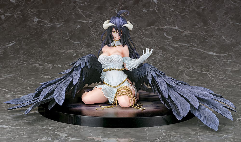 Overlord Albedo 1/7 Scale Figure in white dress with black wings kneeling pose.