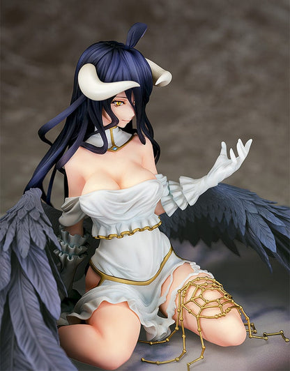 Overlord Albedo 1/7 Scale Figure in white dress with black wings kneeling pose.