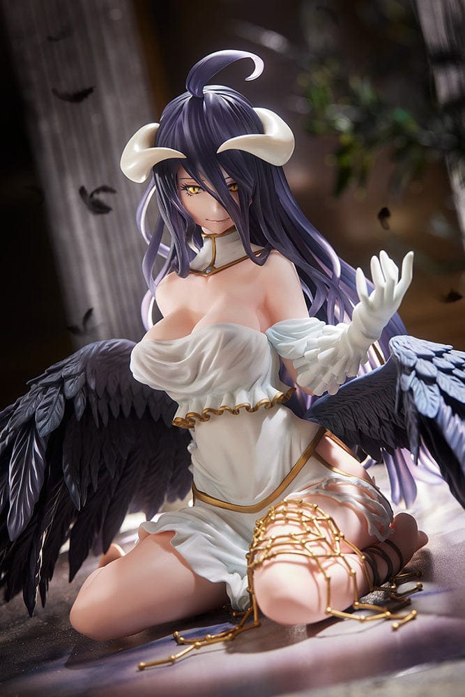 Overlord Albedo 1/7 Scale Figure in white dress with black wings kneeling pose.