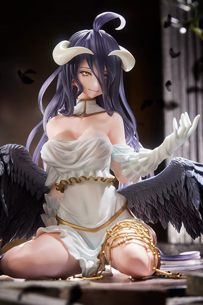 Overlord Albedo 1/7 Scale Figure in white dress with black wings kneeling pose.