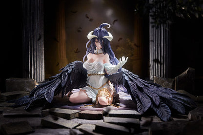 Overlord Albedo 1/7 Scale Figure in white dress with black wings kneeling pose.