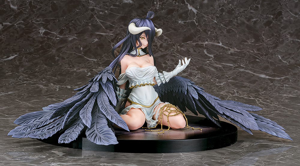 Overlord Albedo 1/7 Scale Figure in white dress with black wings kneeling pose.