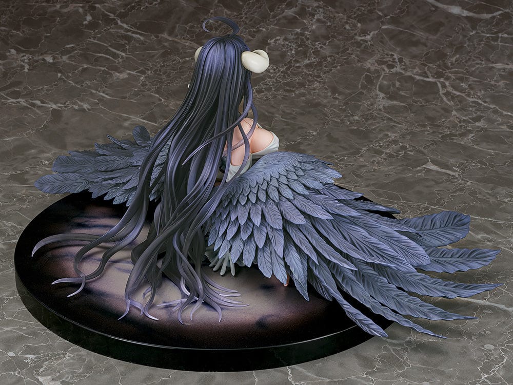 Overlord Albedo 1/7 Scale Figure in white dress with black wings kneeling pose.