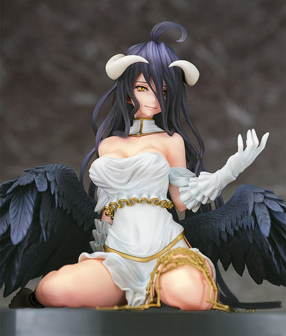 Overlord Albedo 1/7 Scale Figure in white dress with black wings kneeling pose.