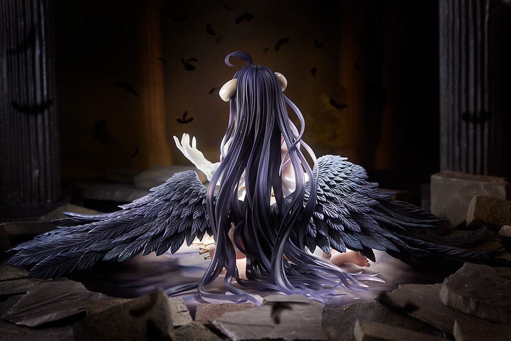 Overlord Albedo 1/7 Scale Figure in white dress with black wings kneeling pose.