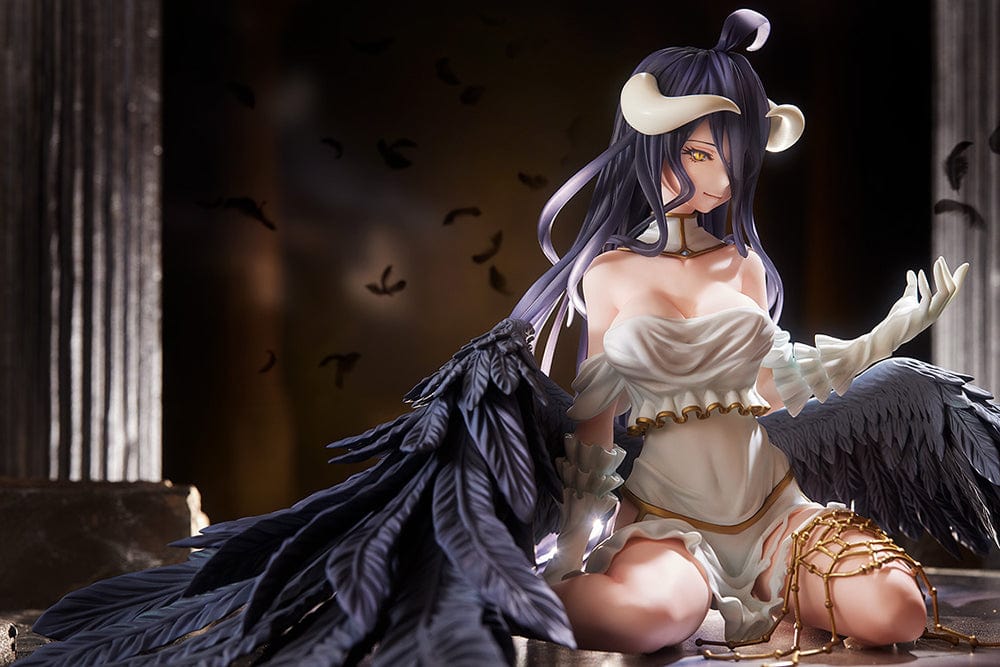 Overlord Albedo 1/7 Scale Figure in white dress with black wings kneeling pose.