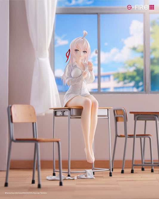 Alya Sometimes Hides Her Feelings in Russian S-Fire Alya 1/7 Scale Figure featuring Alya sitting shyly on a classroom desk with scattered clothes.