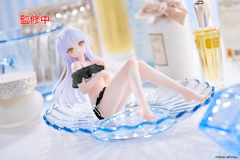 Angel Beats! Aqua Float Girls Kanade Tachibana Renewal Edition Figure seated on a yellow inflatable ring with a water-themed base, wearing a black swimsuit and featuring flowing lavender hair.