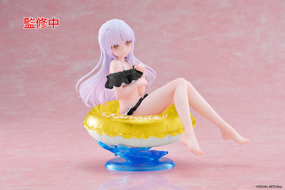 Angel Beats! Aqua Float Girls Kanade Tachibana Renewal Edition Figure seated on a yellow inflatable ring with a water-themed base, wearing a black swimsuit and featuring flowing lavender hair.