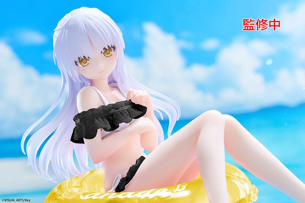 Angel Beats! Aqua Float Girls Kanade Tachibana Renewal Edition Figure seated on a yellow inflatable ring with a water-themed base, wearing a black swimsuit and featuring flowing lavender hair.