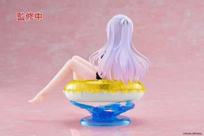 Angel Beats! Aqua Float Girls Kanade Tachibana Renewal Edition Figure seated on a yellow inflatable ring with a water-themed base, wearing a black swimsuit and featuring flowing lavender hair.