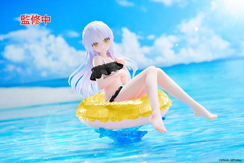 Angel Beats! Aqua Float Girls Kanade Tachibana Renewal Edition Figure seated on a yellow inflatable ring with a water-themed base, wearing a black swimsuit and featuring flowing lavender hair.