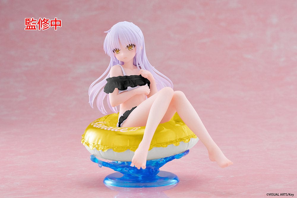 Angel Beats! Aqua Float Girls Kanade Tachibana Renewal Edition Figure seated on a yellow inflatable ring with a water-themed base, wearing a black swimsuit and featuring flowing lavender hair.