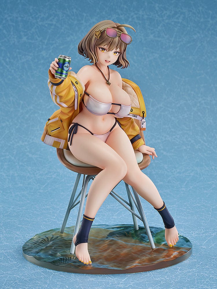 GODDESS OF VICTORY: NIKKE Anis: Sparkling Summer 1/7 Scale Figure sitting on a chair in a bikini and yellow jacket, holding a drink with a playful expression.