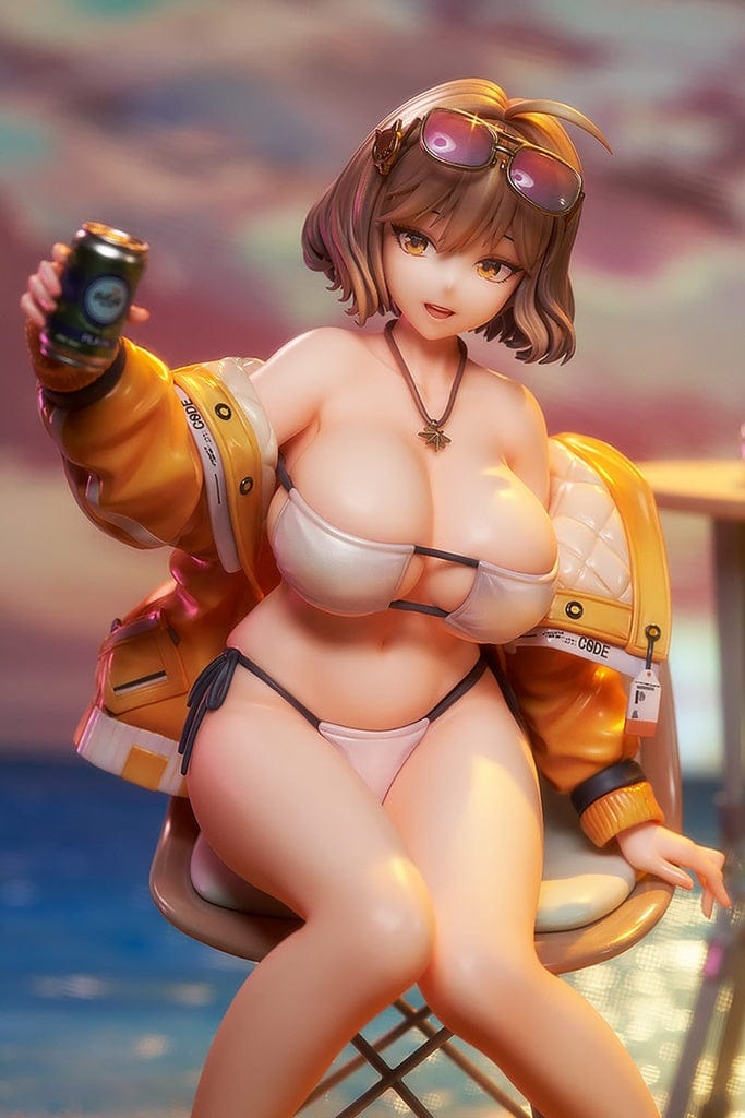 GODDESS OF VICTORY: NIKKE Anis: Sparkling Summer 1/7 Scale Figure sitting on a chair in a bikini and yellow jacket, holding a drink with a playful expression.