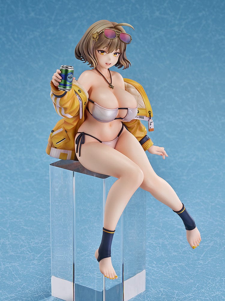 GODDESS OF VICTORY: NIKKE Anis: Sparkling Summer 1/7 Scale Figure sitting on a chair in a bikini and yellow jacket, holding a drink with a playful expression.