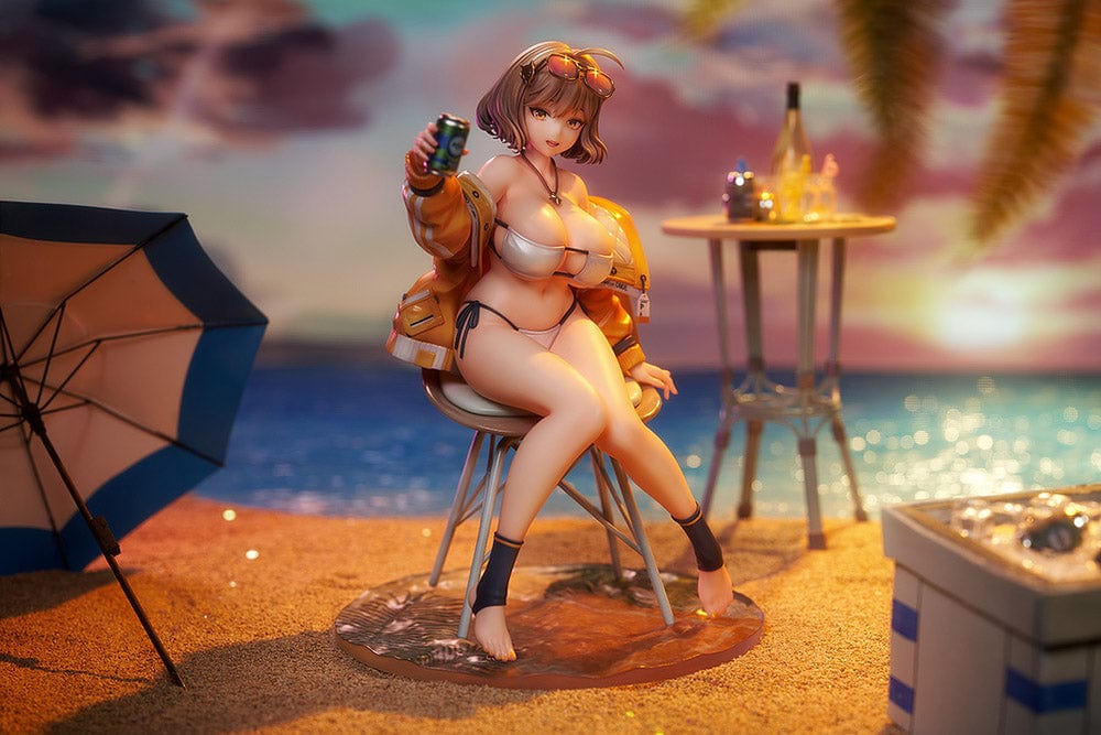 GODDESS OF VICTORY: NIKKE Anis: Sparkling Summer 1/7 Scale Figure sitting on a chair in a bikini and yellow jacket, holding a drink with a playful expression.