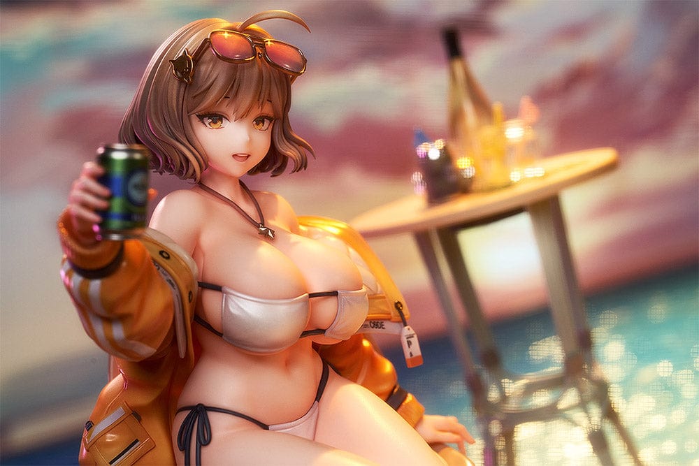 GODDESS OF VICTORY: NIKKE Anis: Sparkling Summer 1/7 Scale Figure sitting on a chair in a bikini and yellow jacket, holding a drink with a playful expression.