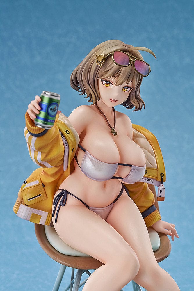 GODDESS OF VICTORY: NIKKE Anis: Sparkling Summer 1/7 Scale Figure sitting on a chair in a bikini and yellow jacket, holding a drink with a playful expression.