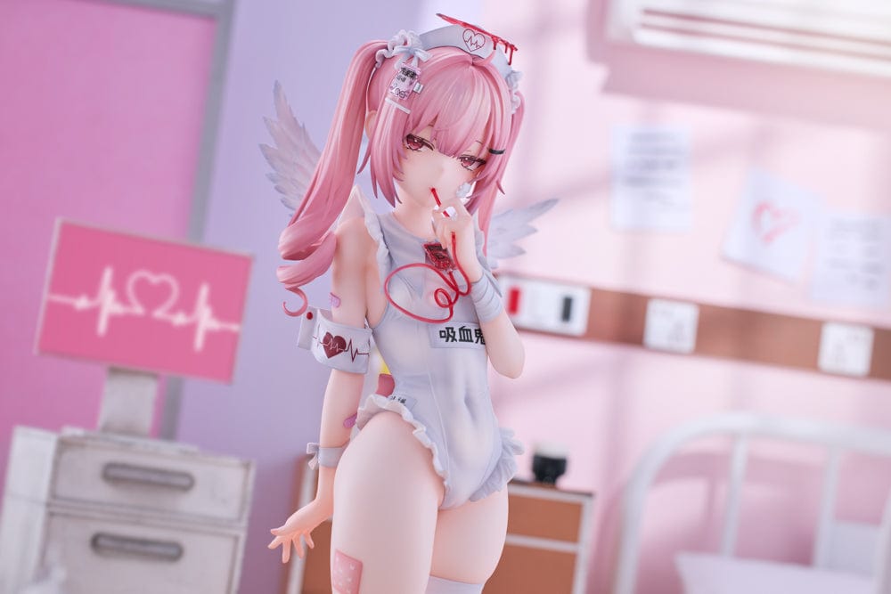 1/6 scale figure of Apprentice Nurse Ai Tsukuyomi with pink hair and angel wings, dressed in a thematic nurse outfit, embodying a mix of care and charm.