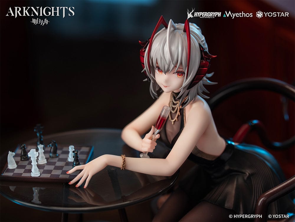 Arknights W Formal Dress Ver. 1/7 Scale Figure seated at a table with a glass of wine and chess set.