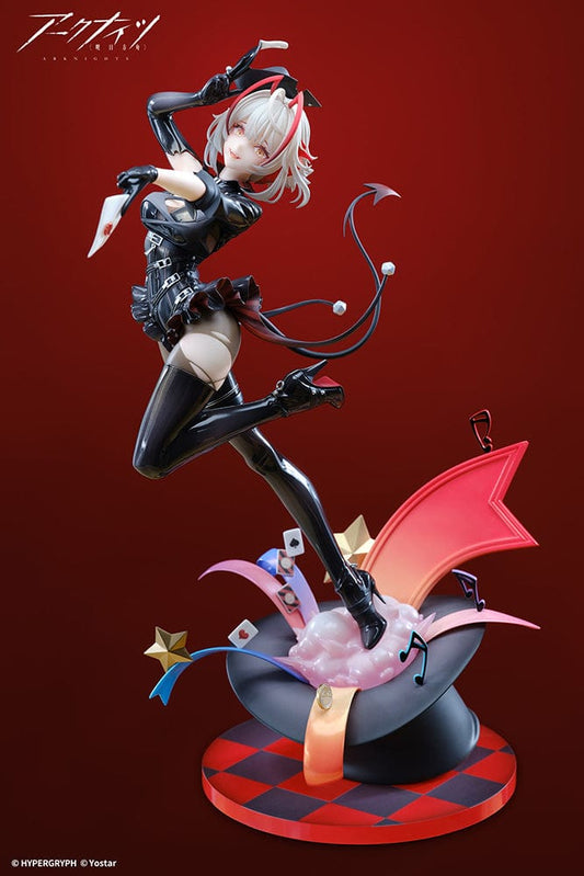 Arknights W-Wanted Ver. 1/7 Scale Figure - Dynamic anime figure of W in black combat outfit with red accents, leaping off an explosive base with musical notes and stars, embodying both chaos and charisma.