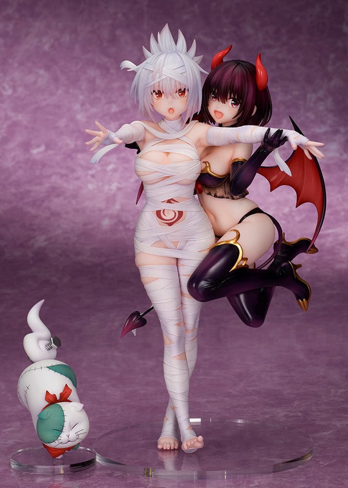 Ayakashi Triangle Matsuri Kazamaki and Suzu Kanade figure with bonus Shirogane, featuring Matsuri in bandages and Suzu in a demon costume with horns and tail.