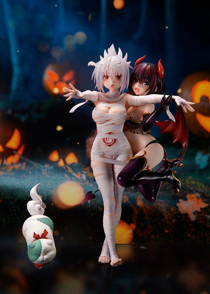 Ayakashi Triangle Matsuri Kazamaki and Suzu Kanade figure with bonus Shirogane, featuring Matsuri in bandages and Suzu in a demon costume with horns and tail.