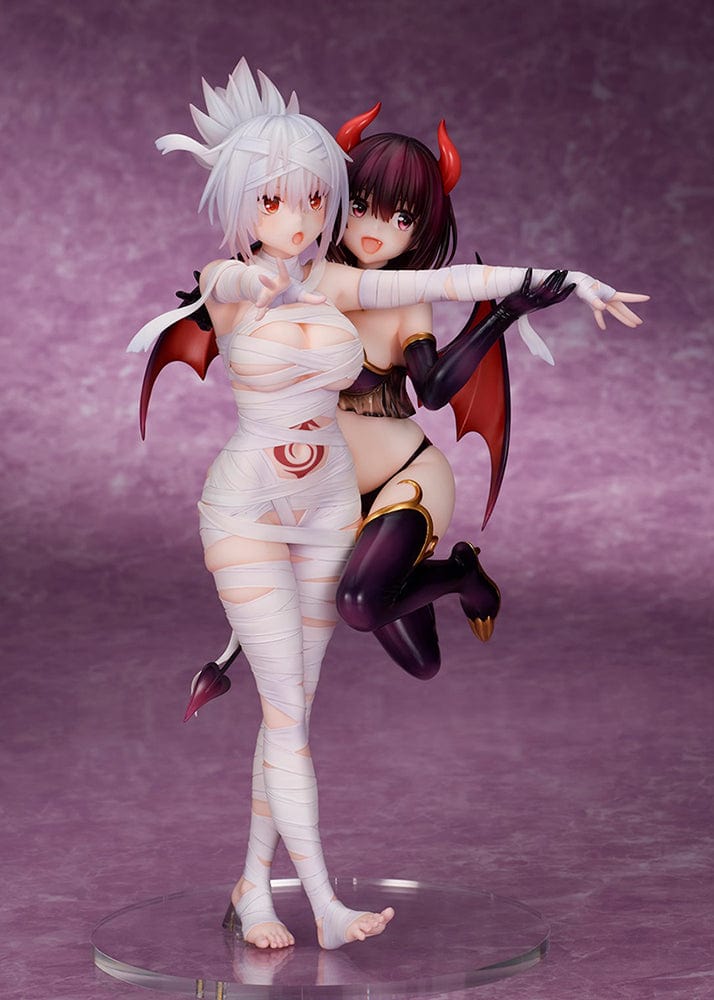 Ayakashi Triangle Matsuri Kazamaki and Suzu Kanade figure with bonus Shirogane, featuring Matsuri in bandages and Suzu in a demon costume with horns and tail.