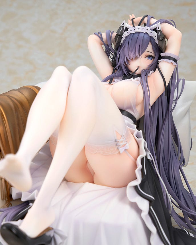 Azur Lane August von Parseval (The Conquered Unhulde Ver.) 1/7 Scale Figure in maid-inspired outfit, seated on sofa with long flowing hair.